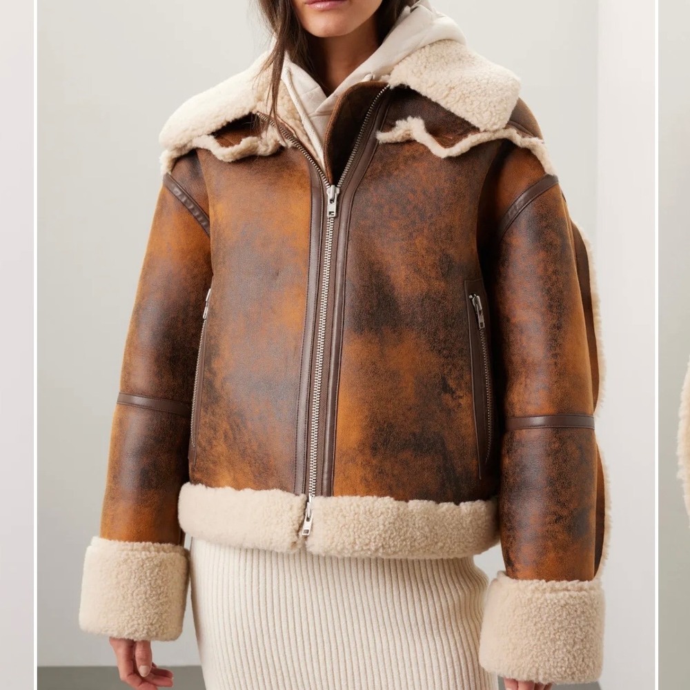 Stand Studio Lessie faux-leather Shearling Aviator Jacket Brown Western 38